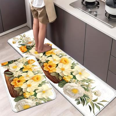 1 Stück Anti-Ermüdungs-Küchenteppiche, OneHouse Blumendruck, wasserdicht, rutschfest, dick, gepolsterte Küchenmatte, strapazierfähig, bequeme Stehmatte für die Küche