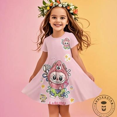 Festive Dress For Girl Miniso 2025 New Summer Disney  LABUBU Girls 3D Printing  Cute Children Dresses Kid's
