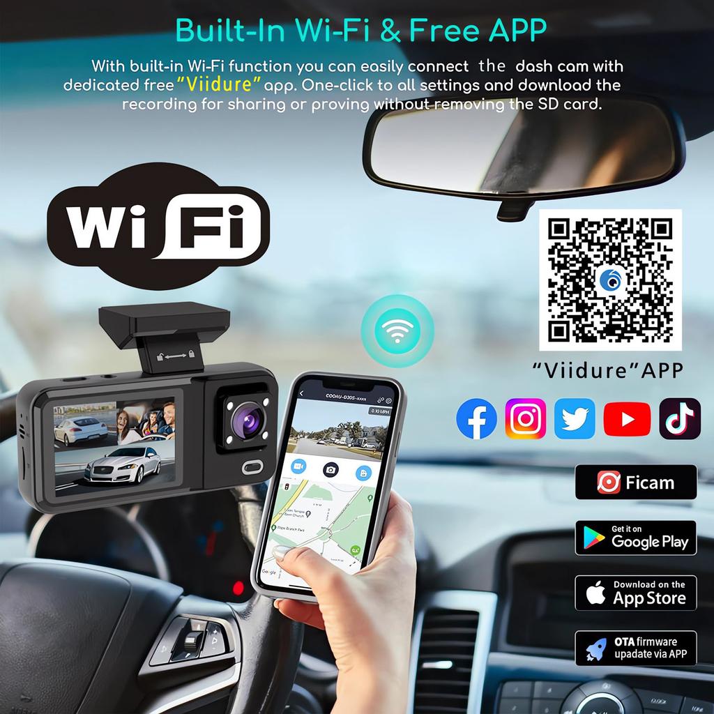 2/3-Kanal WIFI Auto DVR, Hochauflösende 1080P In-Car Dashcam mit drei Kameras, Videoaufzeichnung.