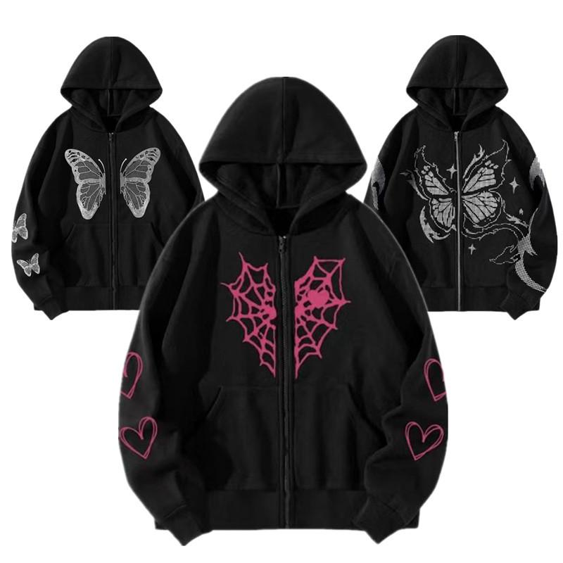 Women's Hooded Long Sleeve Zip Up Hoodie Loose Fit Streetwear Butterfly Spider Web Print Sweatshirt Jacket