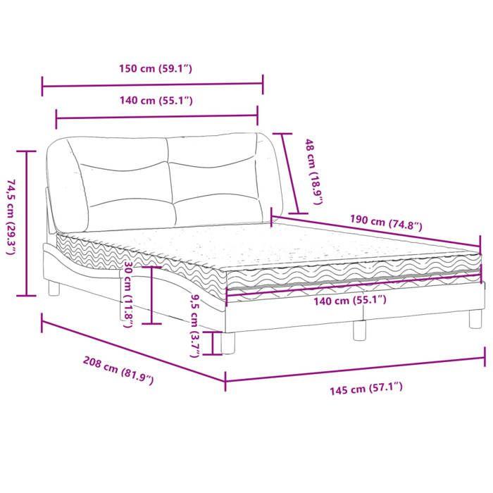 VidaXL Lit avec matelas gris clair 140x190 cm tissu, meuble de chambre à coucher, lit double, cadre de lit incurvé, sommier, 3208527
