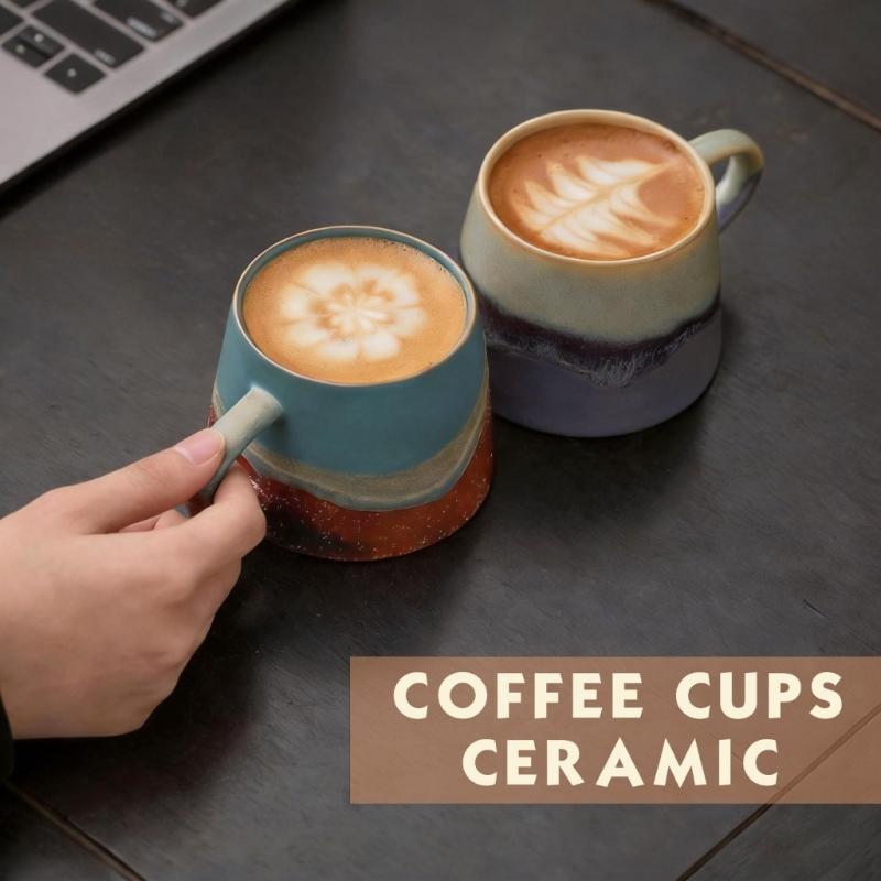 Handmade-Look Coffee Mugs 8Oz Ceramic Art Cup with Wide Base and Handle for Homes Office Beverage Use and Teatimes