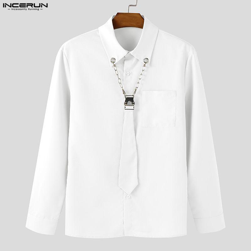 INCERUN Spring Men Tie Lapel Neck Long Sleeve Casual Loose Oversized Shirts Tops