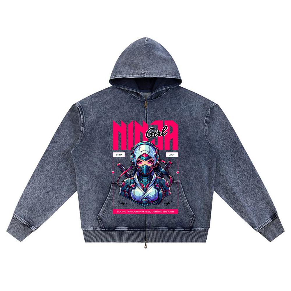 

DTG print Knitted Denim Zip-Up Hoodie Ninja Girl Brother Print Zipper Hoodies XL темно-синий