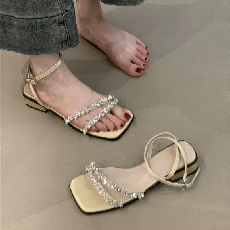 Fashion Summer New Temperament Rhinestone Strap Block Heel Kitten Heel Sandals Open Toe Versatile Low Heel Fashion Women's Shoes