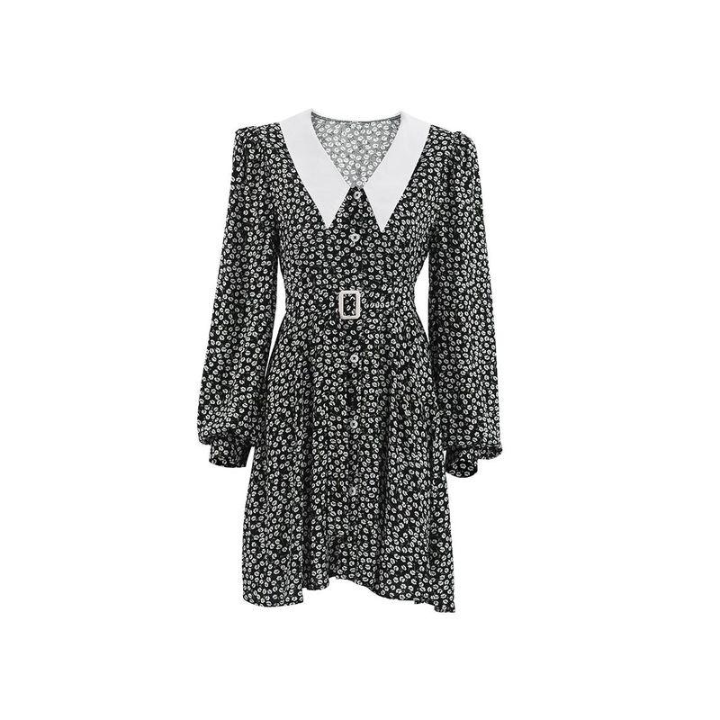 European and American Elegant Print Dress V Neck Long Sleeve Short Dress American Country Style Sweet A- Line Skirt