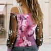Plus Size Women Diagonal Shoulder Long Sleeve Top Boho Tropical Blossom Print Mesh Lace Splicing Blouse