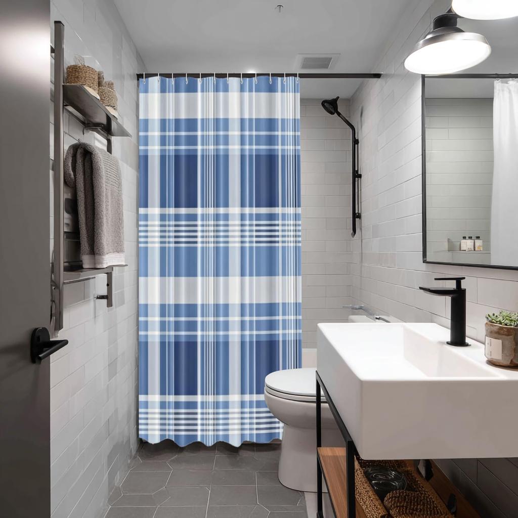 Blue and White Plaid Checkered Pattern Waterproof Shower Curtain 180x200cm Classic Tartan Style Bath Curtain Rustic Home Decor