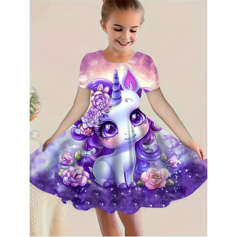 

Summer New Dress Cute Cartoon 3D Print Girls Dress Purple Floral s Casual Short Sleeve Dress 110