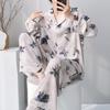 Leopard print lapel pajamas women's spring and summer long-sleeved cardigan homewear autumn cool cotton and silk suit can be worn outside large size