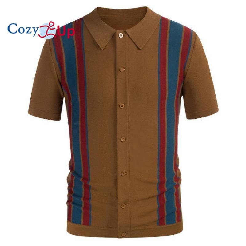 Przytulne męskie koszulki polo Vintage w paski, dzianinowe krótkie rękawy, zapinane na guziki koszulki golfowe