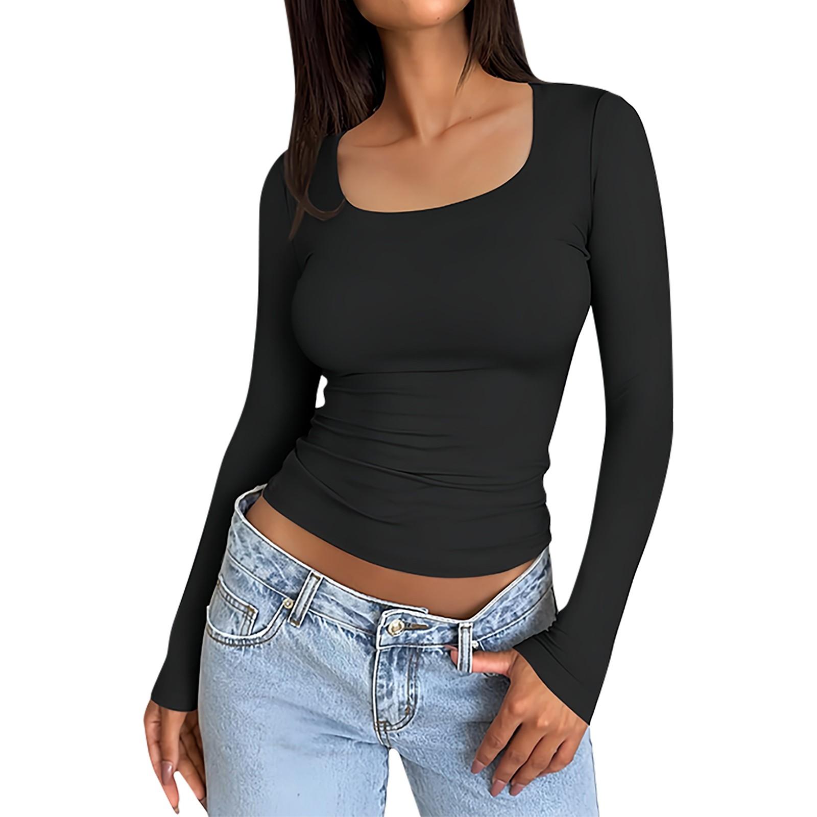 

Women s Casual Color Square Neck Slim Fit Sexy Long Sleeve T-Shirt Top M чёрный