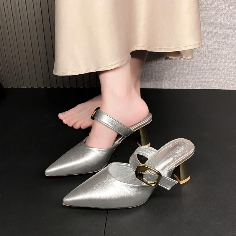 Fashion High Heel Slippers Summer New Sharp Head Shallow Mouth Metal Buckle Set Foot Anti-slip Wear-resistant Heel Shoes