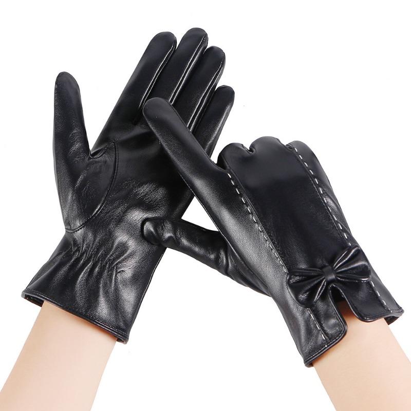 Warm Gloves Women's Leather Gloves New Bow Outdoor Riding Fleece Cold-proof Touch Screen Autumn and Winter Gloves