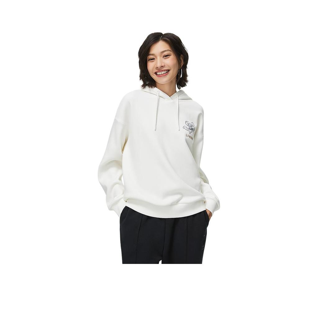 Li Ning Sports Lifestyle Series Casual Hooded Pullover Letter Print Long Sleeve Sweatshirt Women Sweatshirt Off-White AWDT908-4