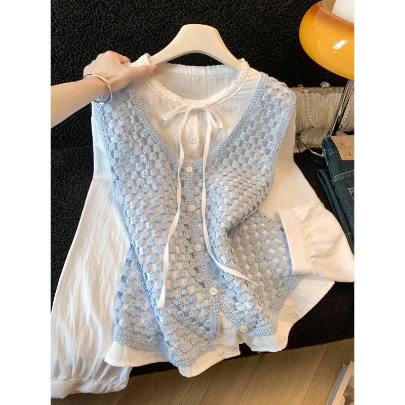 Blue Hollow Knitted Chain Vest Flared Sleeve Shirt Women's Morning Spring Reducing Top