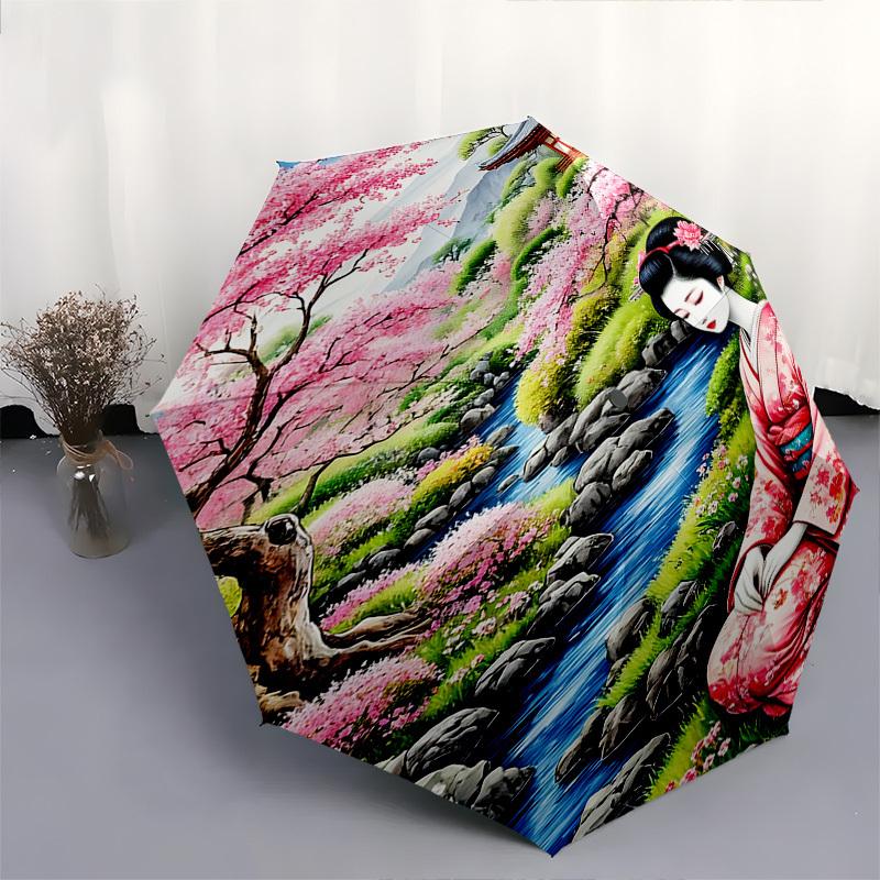 Cherry Blossom Garden, Traditional Kimono Themed Automatic Opening and Closing Umbrella, Brightly Colored 8 rib Portable Umbrella, Suitable