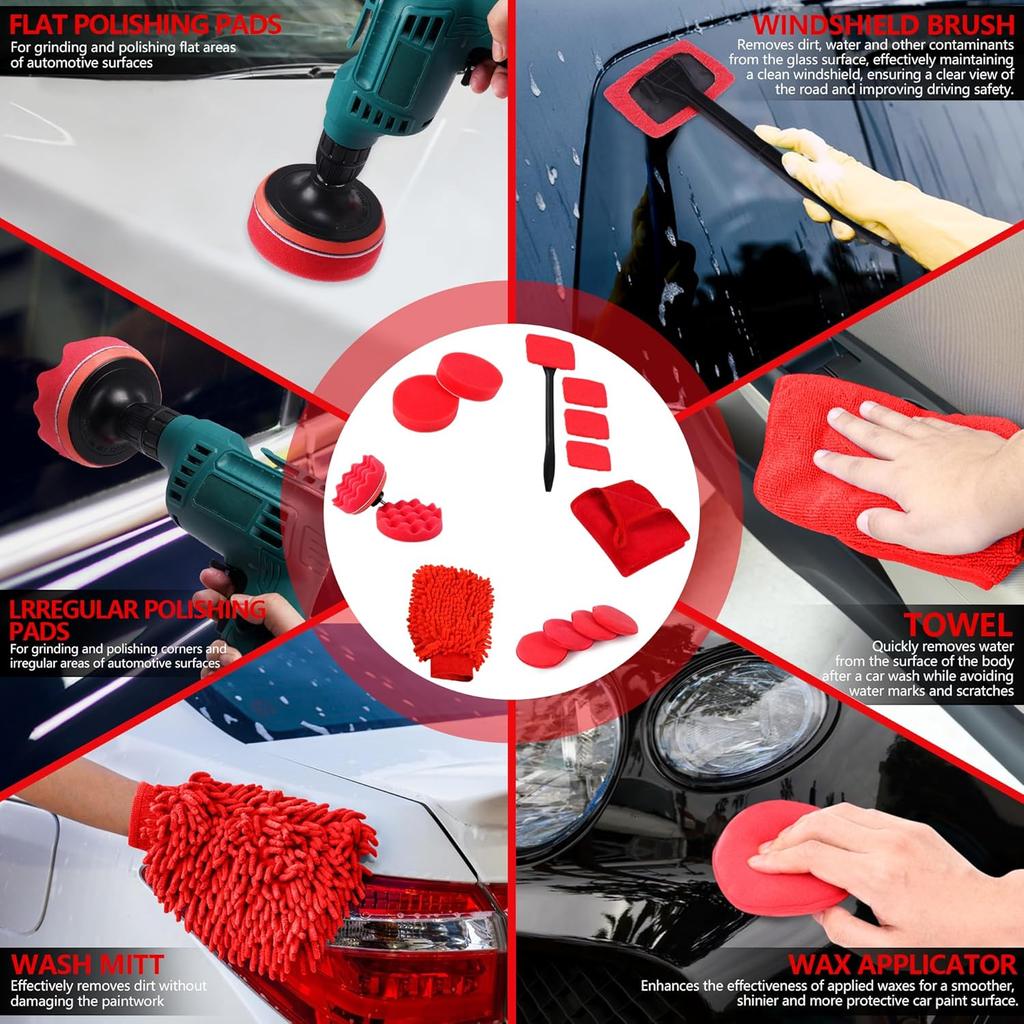 35Pcs Car Detailing Kit, Drill Brush Attachments with Detailing Brush Set and Tools Box, Red Auto Cleaning Kit Interior for Wheels Dashboard Windows