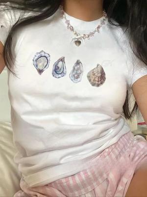 Oyster Design Pattern Slimfitting Shortsleeved Top Fashion Clothing Summer Female Graphic Printed T Shirt Casual Streetwear