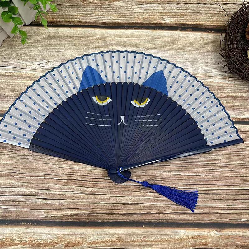 1 Piece Cat Pattern Bamboo Folding Fan For Women Cute Cartoon Cat Hand Fan Kimono Bathrobe Hand Fan Crafts Decoration