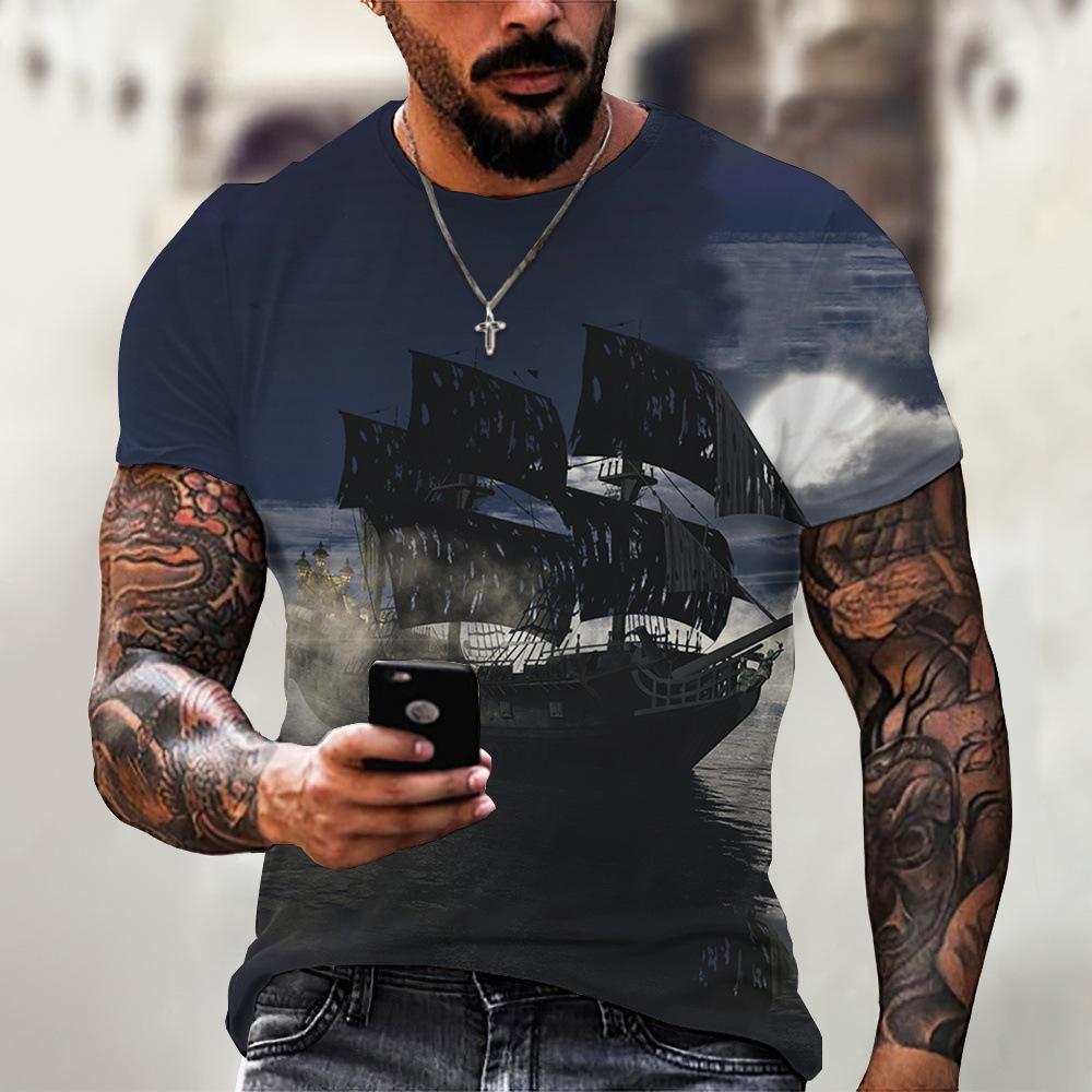 Vintage T-Shirts Men Spring Clothing Boat Graphic Apparel Streetwear Men's Clothing Casual Short Sleeve Tops For Male Shirt Tees
