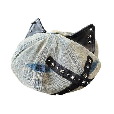 Aesthetic Studded Cats Ear Caps Cotton Adjustable Headwear Vintage Unisex Design For Cosplay Streetwear Outfit
