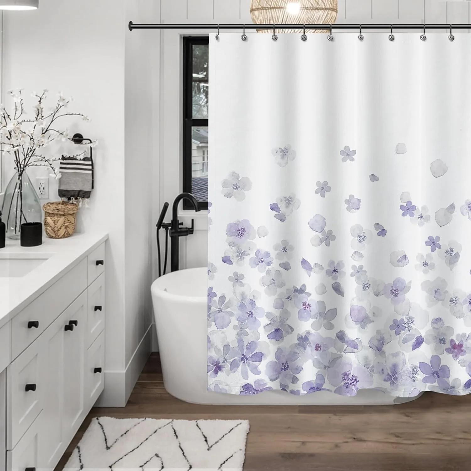

1 Floral Shower Curtain - Purple And Gray Flowers On White Background, Machine Washable Polyester, Hook Included W60H190(CM)-1 Pcs