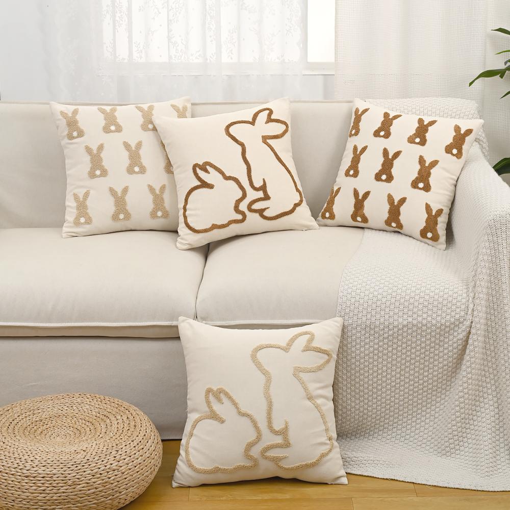 BUYNOW 1PC 2pcs/set Beige Rabbit Embroidered Throw Easter Pillowcase Vintage Country Living Room Sofa Cushion Cover Home Decor