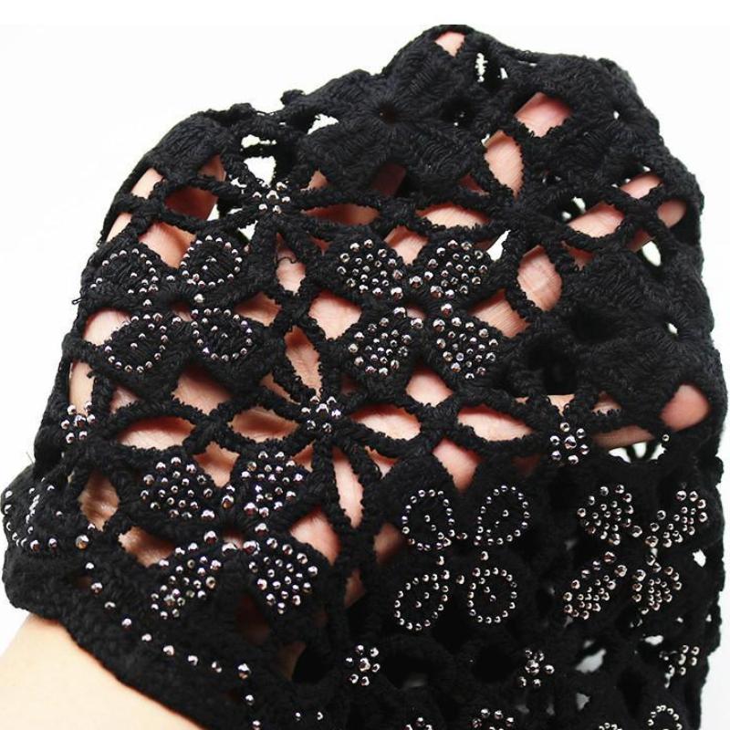 Women's Spring Summer Single Layer Thin Hollow Flower Rhinestone Headscarf Hat Breathable Lace Crochet Cap for Covering White Hair Slouchy Hat