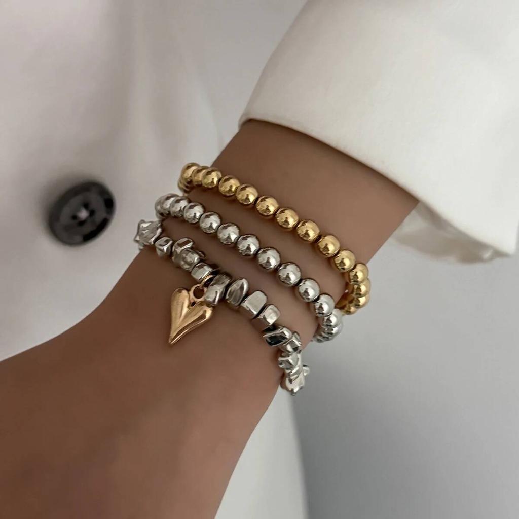 Ingemark 3Pcs/Set Vintage Irregular CCB Beads Chain Bracelets for Women New Trend Goth Heart Pendant Bangles Couple Jewelry Men