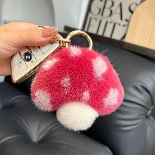 Wholesale Cute Mushroom Real Rex Rabbit Fur Key Chains Girls Schoolbag Toy Pendant  Women Bag Charm Ornaments Car Keyring Gift