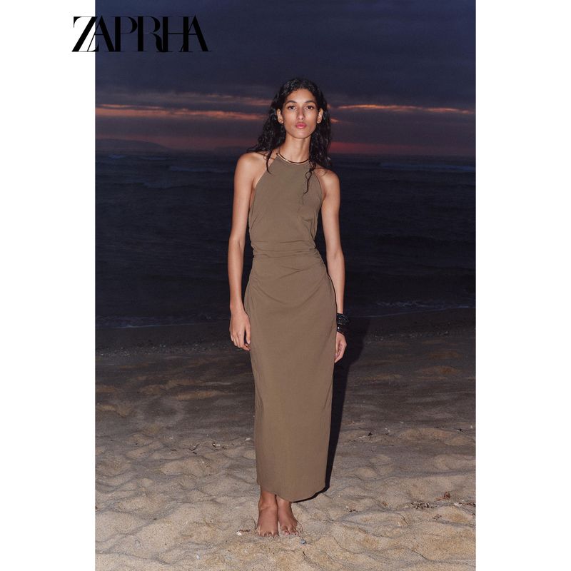 Zaprha 2025 Summer New Accessories Temperament Hanging Neck Midi Casual Dress Waist Hugging Slimming 3564092