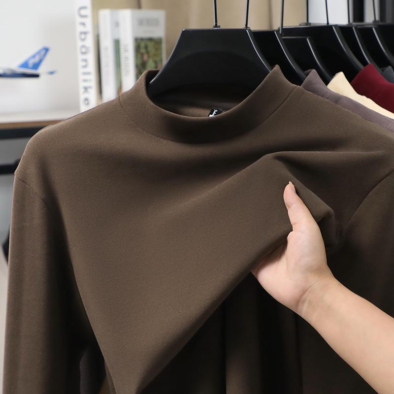 Men's Slim Fit Double-Sided Plush Base Layer Shirt, Solid Color, Half-High Collar, Long Sleeve, Thickened Warm Inner Wear for Autumn & Winter