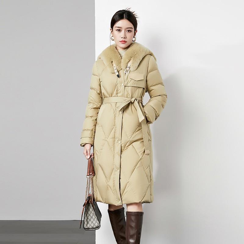 

Пуховик из белого утиного пуха, зимняя мода, средний и длинный стиль, высококачественный меховой воротник, новая талия, женская хлопковая куртка XL хаки