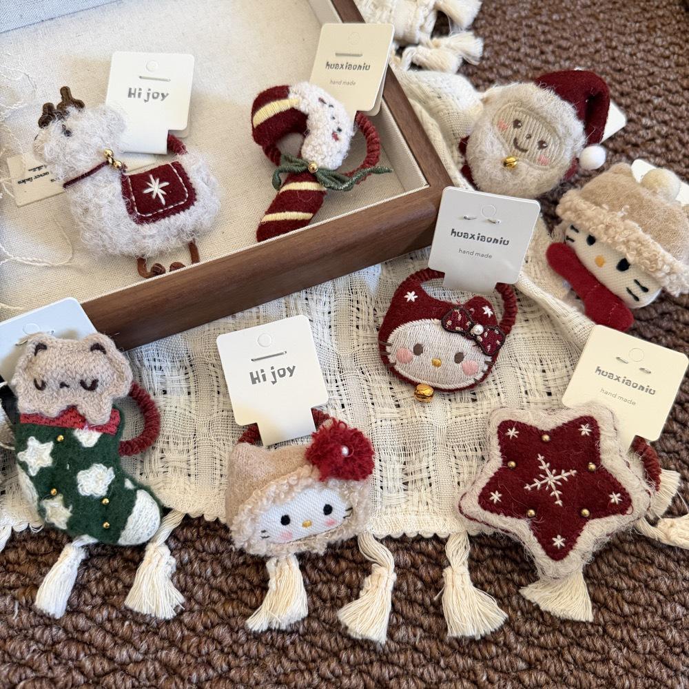 Handmade Red Reindeer & Cat Embroidered Christmas Hair Scrunchies