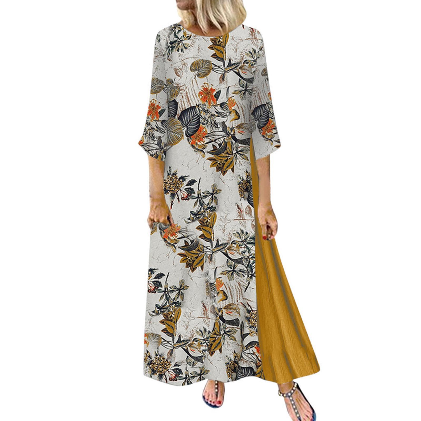 Women Vintage Print Floral Patch Dress 3/4 Sleeve Loose Maxi Dress M