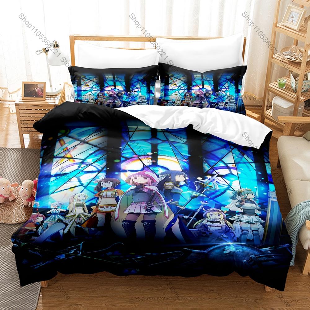 Puella Magi Madoka Magica Duvet Cover + 2 Pillowcases, Magical Girl Anime Print Bedding Set Soft Fabric for Fans Decor & Gifts