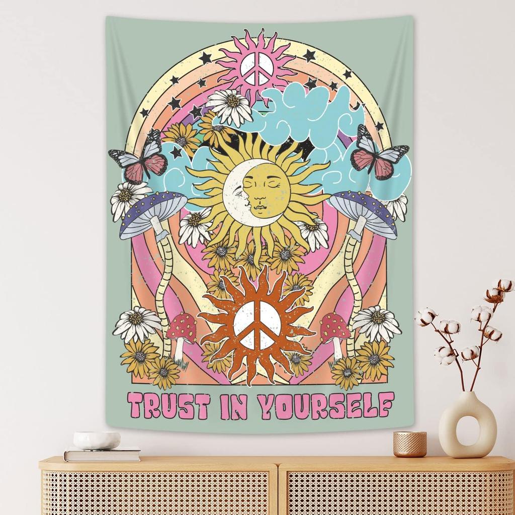 Aesthetic Retro Vintage Tapestry Wall Hanging 70s Hippie Boho Bohemian Tapestries with Trippy Mushroom Butterfly Moth Daisy