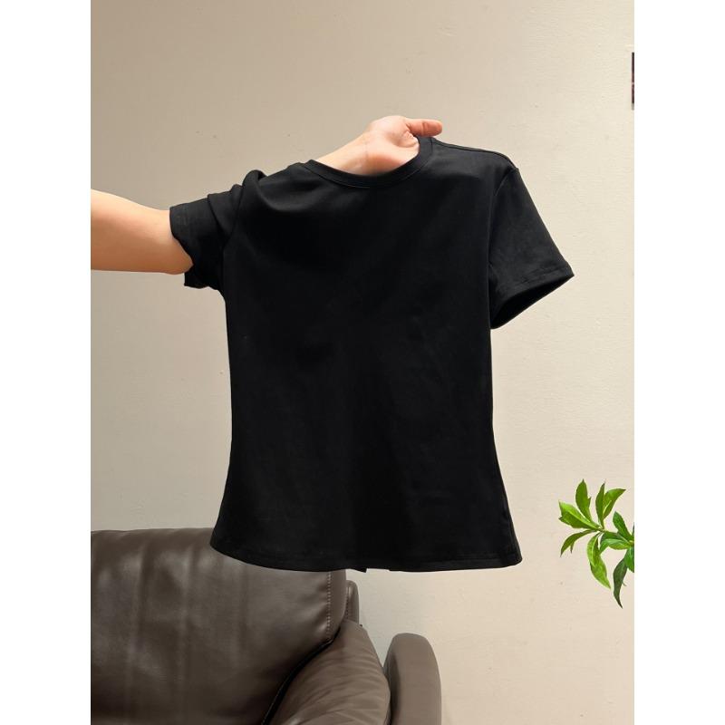 

Super Easy-to-wear American Round-neck Right-shoulder Summer High-end Pleated Waist Slim-fitting Short-sleeved Top XL