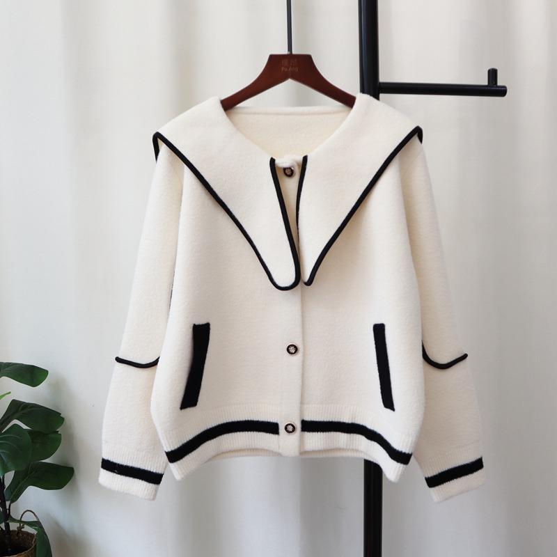 Autumn and winter new contrasting color navy collar knitted double-sided cardigan temperament loose sweater jacket women