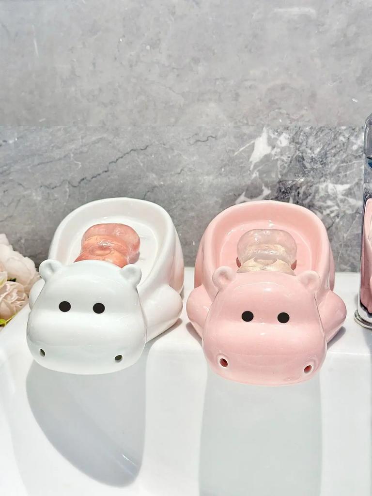 Cartoon Hippo Soap Box Waterproof Moisture-proof Household Decoration Creative Cute Ceramic Drain Punch-free Washbasin Soap Box