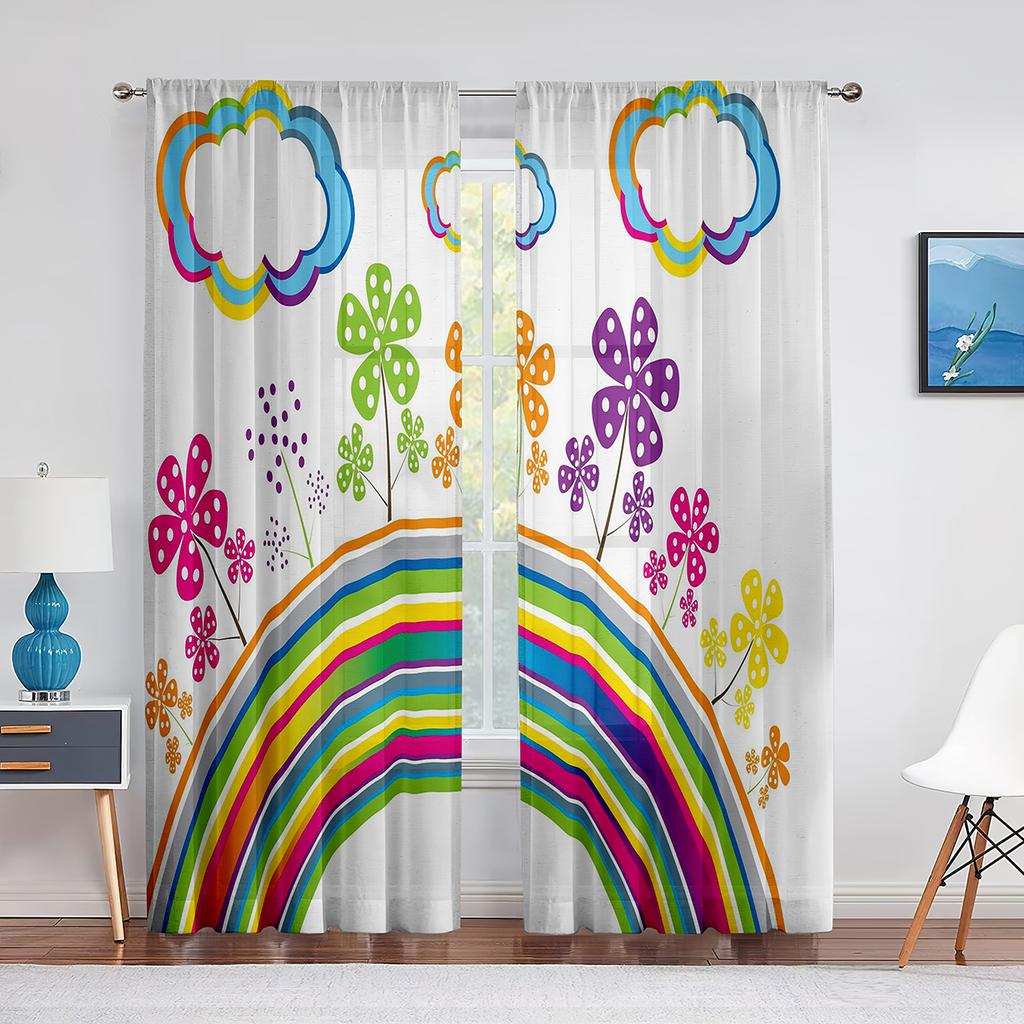 Fluffy Clouds and Rainbow Sky Tulle Curtains for Living Room Kids Bedroom Decoration Chiffon Sheer Voile Window Curtain Drapes
