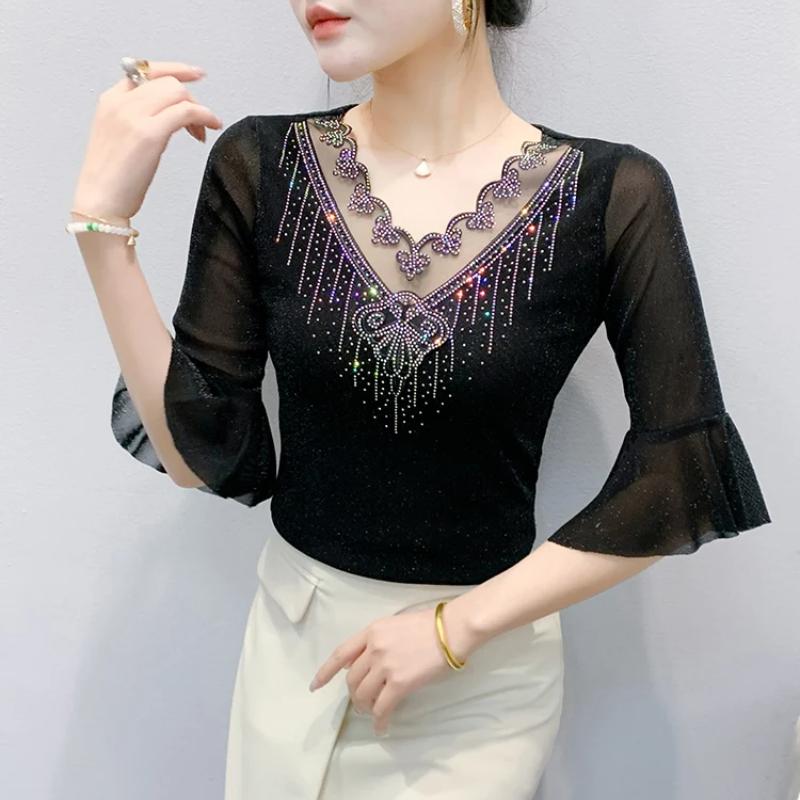 Summer Fashion Sexy V-neck Girl T-shirt Clothes Shiny Hot Diamond Flare Sleeve Mesh Tees High Quality Women's Tops