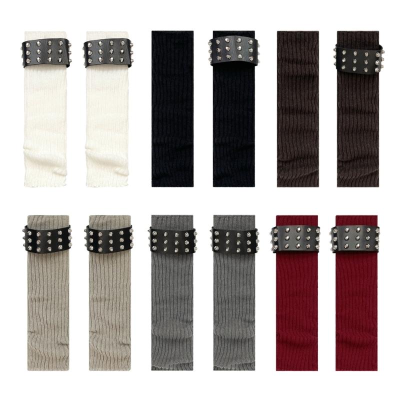 Gothic Punk Ribbed Knit Leg Warmer Sleeve with Metal Rivets Leather Belt Motorcycle Boot Covers Footless Socks for Women