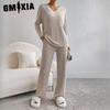 Two-piece Set Women's Autumn Fashion Casual Straight Trousers Temperament V-neck Pit-stripe Knitting Suit