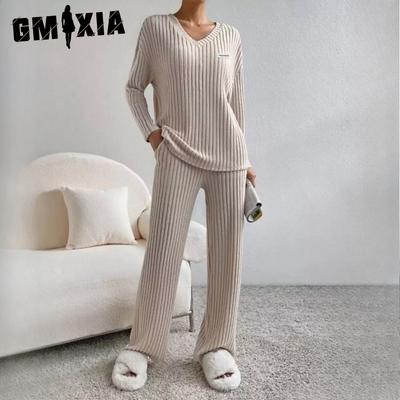 Two-piece Set Women's Autumn Fashion Casual Straight Trousers Temperament V-neck Pit-stripe Knitting Suit