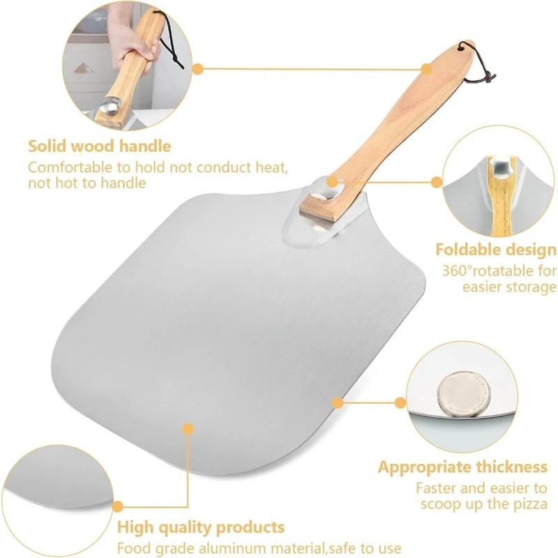 Aluminum Metal Pizza Shovel Spatula with Foldable Wooden Handle Nonstick Oven Cake Lifter Transfer Tray Baking Homemade Bread