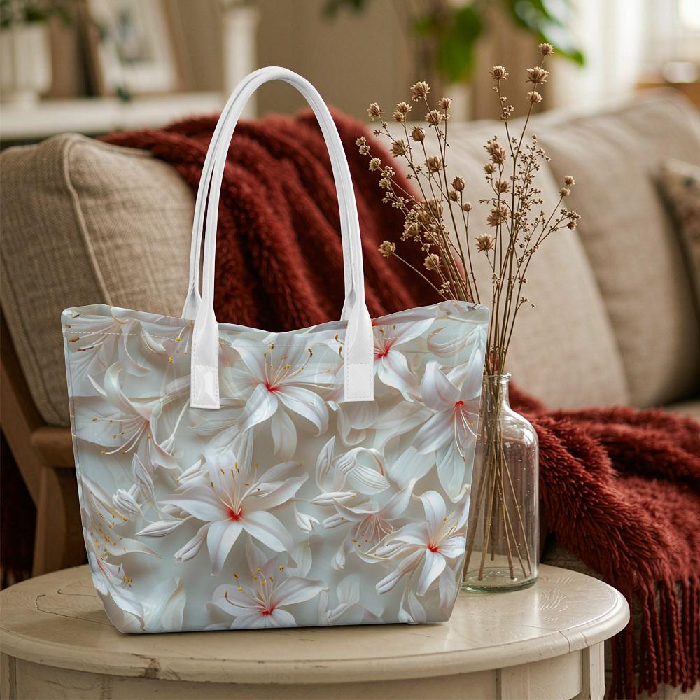 Elegant White Lily Pattern Tote Bag Fashionable Daily Use Portable Shoulder Bag for Women Casual Outdoor Shopping Handbag