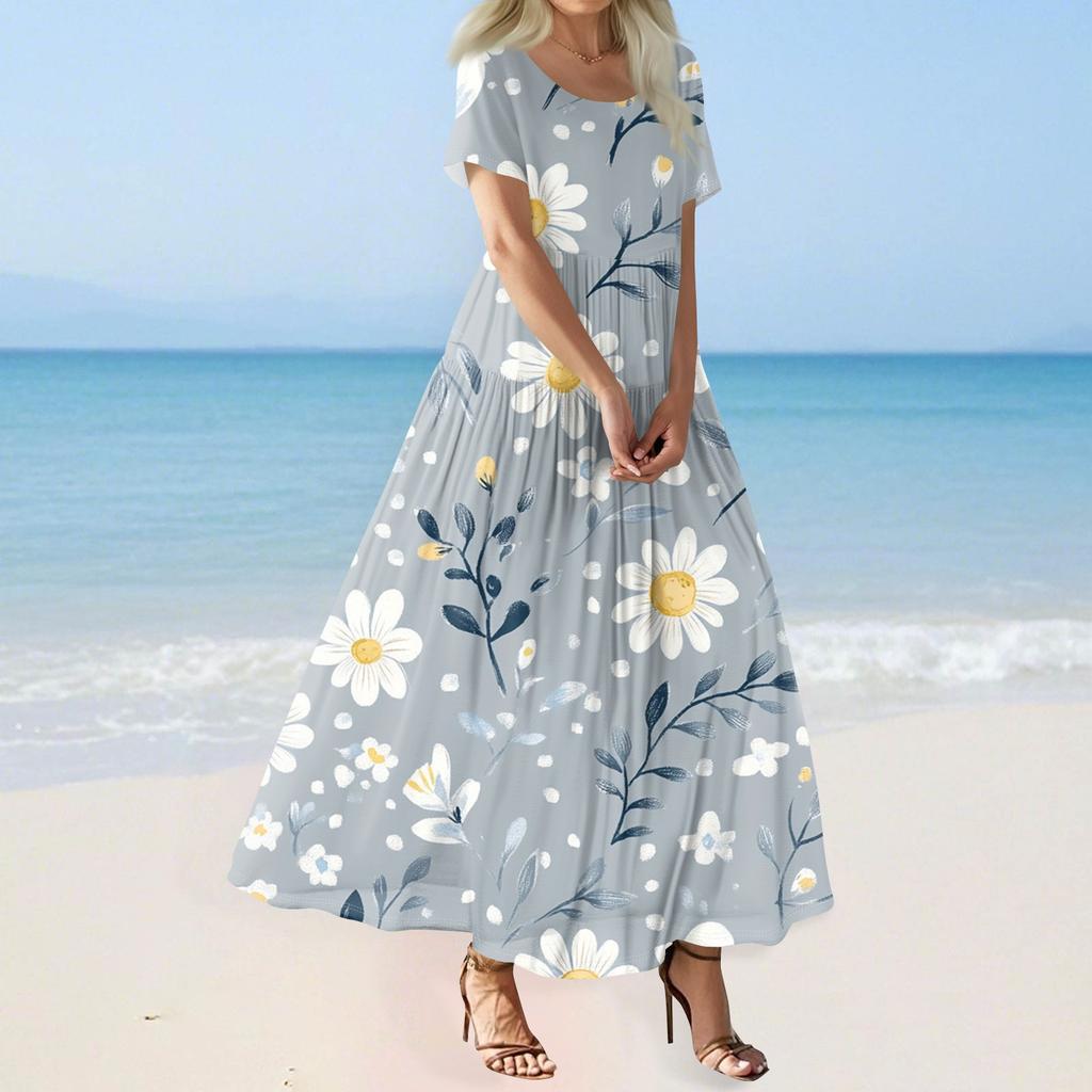 Damen Sommer Casual Blumendruck Kurzarm O-Ausschnitt Hohe Taille A-Linie Stufen Fließendes Boho Maxikleid