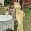 Pure desire yellow vest suspender dress women's summer 2026 thin shoulder straps waist and thin temperament fishtail medium and long dress